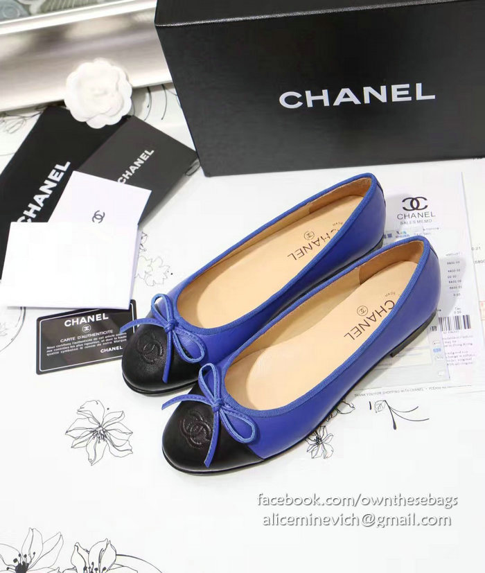 Chanel Blue Lambskin Ballet Flats Black Cap Toe CH1610