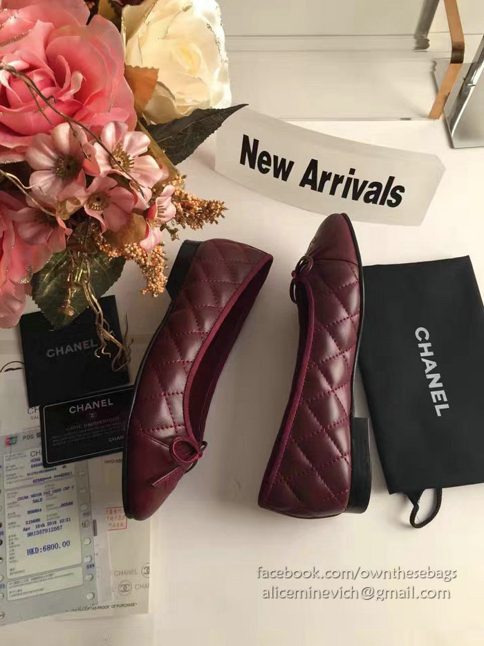 Chanel Burgundy Lambskin Ballet Flats Cap Toe CH1640