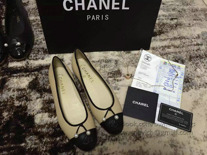 Chanel Tan Lambskin Ballet Flats Black Cap Toe CH1620