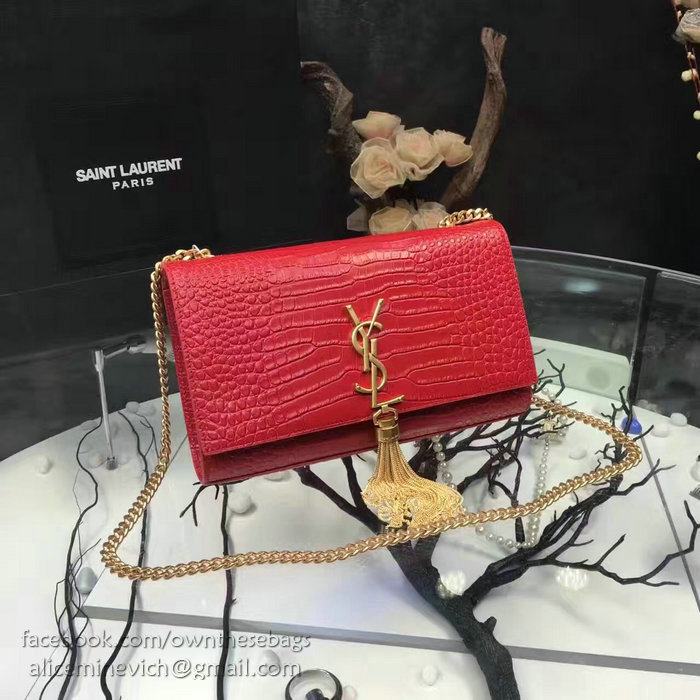 Saint Laurent Medium Kate Monogram Tassel Croco Leather Shoulder Bag Red Y121230