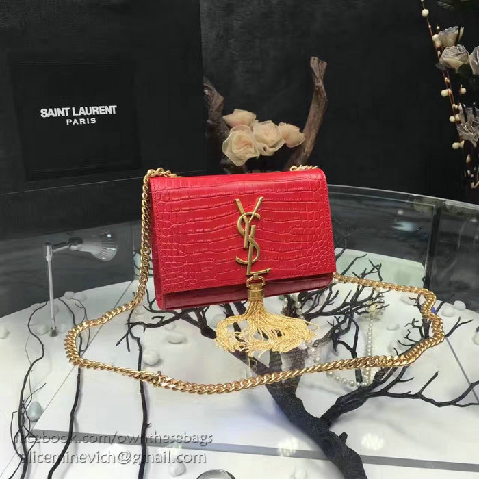 Saint Laurent Small Kate Monogram Tassel Croco Leather Shoulder Bag Red Y121220