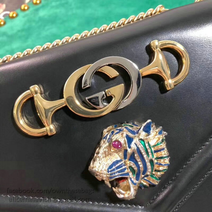 Gucci Medium Shoulder Bag with Tiger Head Black 537241