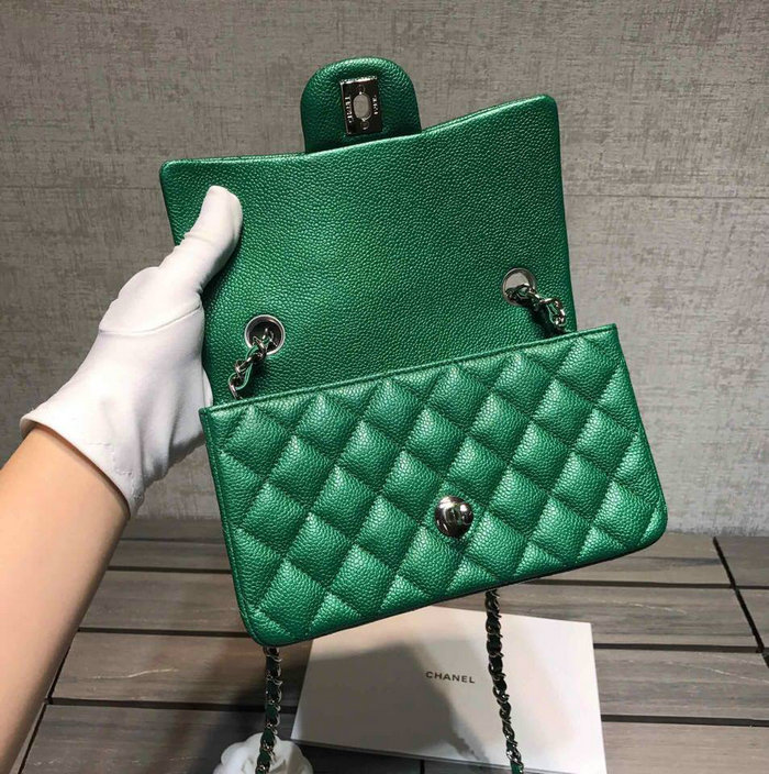 Classic Chanel Caviar Leather Small Flap Bag Green with Silver Hardware CF1116