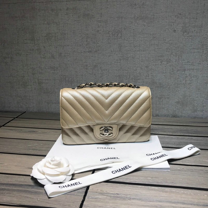 Classic Chanel Chevron Small Shoulder Bag Gold with Silver Hardware CF1116