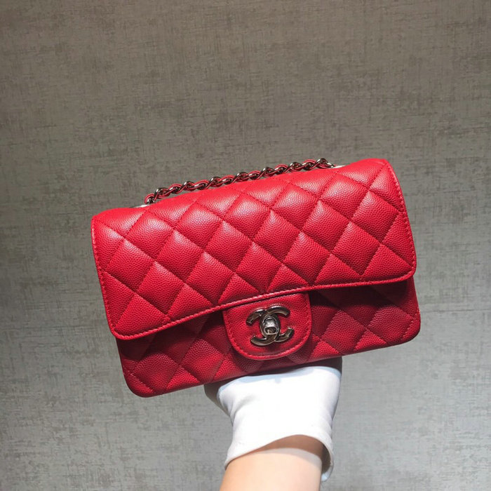 Classic Chanel Grained Calfskin Small Flap Bag Red with Silver Hardware CF1116