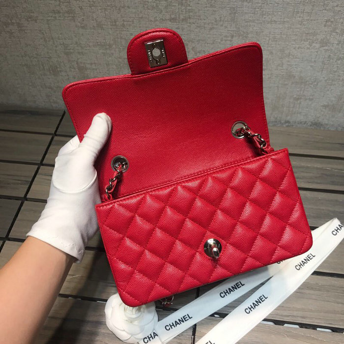 Classic Chanel Grained Calfskin Small Flap Bag Red with Silver Hardware CF1116