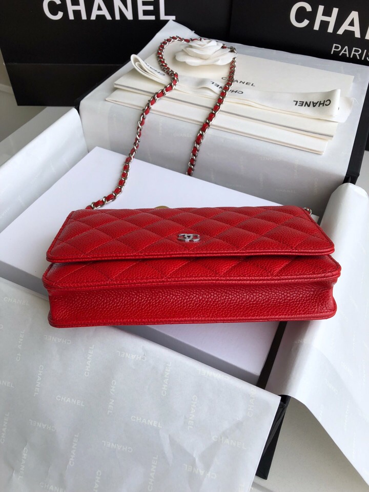 Chanel Caviar WOC Chain Wallet Red A33814