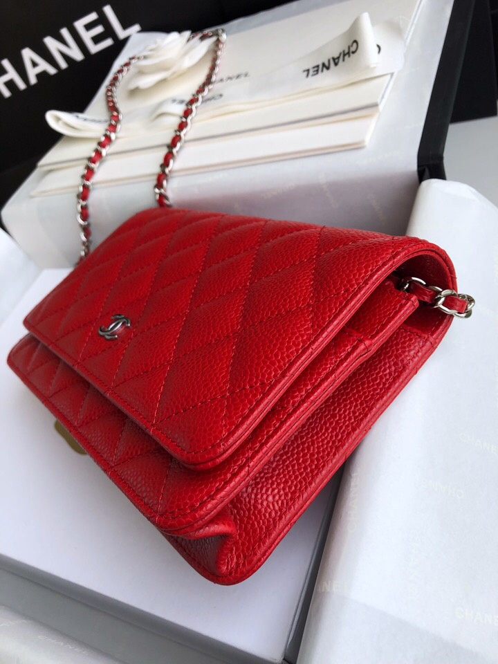 Chanel Caviar WOC Chain Wallet Red A33814