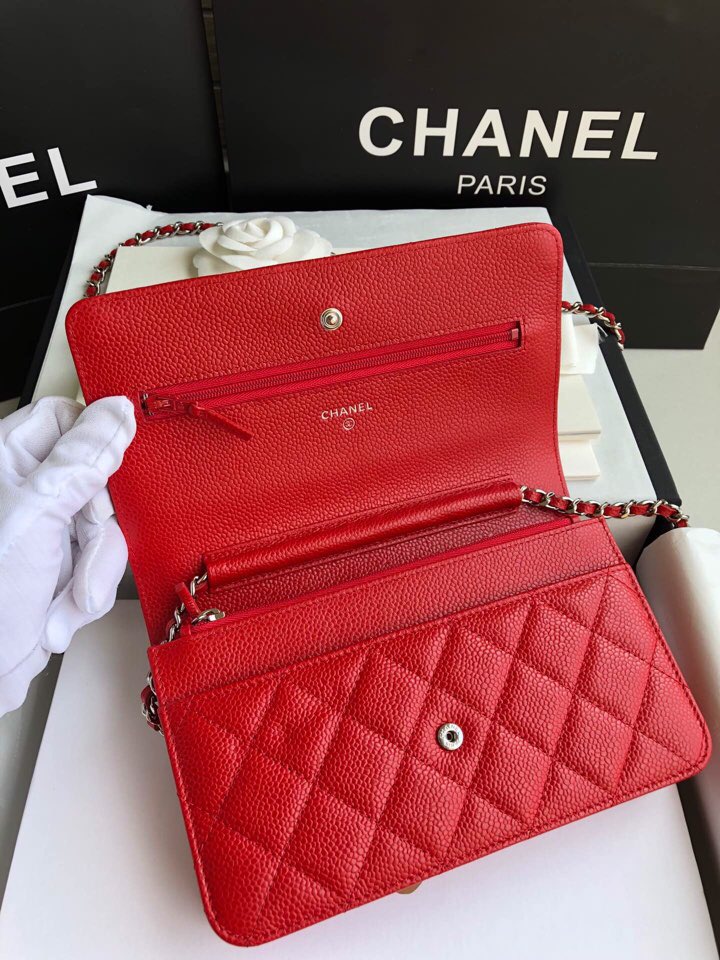 Chanel Caviar WOC Chain Wallet Red A33814