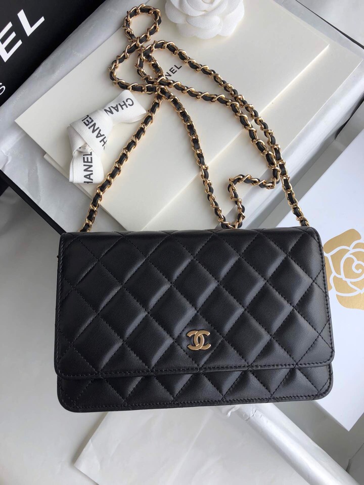 Chanel Lambskin WOC Chain Wallet Black A33814