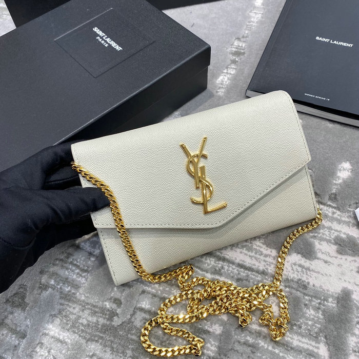 Saint Laurent Uptown Chain Wallet in Grain Leather White 607788