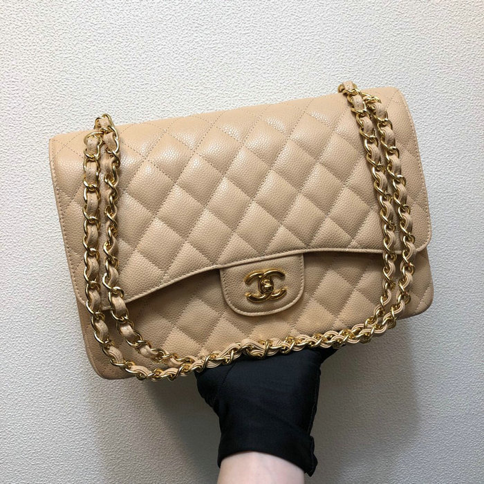 Large Classic Chanel Caviar Leather Handbag Beige Gold A01119