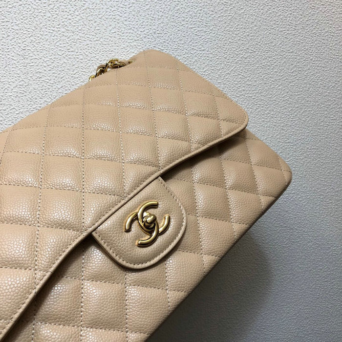 Large Classic Chanel Caviar Leather Handbag Beige Gold A01119