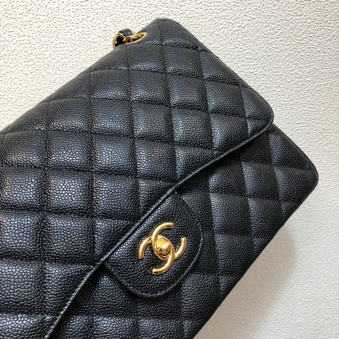 Large Classic Chanel Caviar Leather Handbag Black Gold A01119