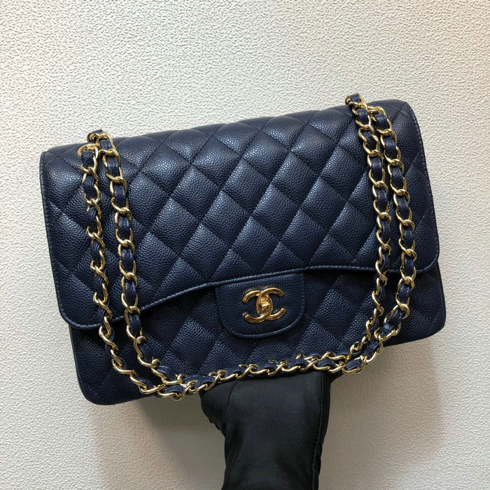 Large Classic Chanel Caviar Leather Handbag Blue Gold A01119