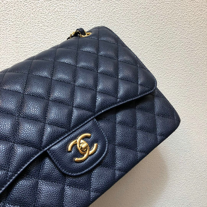 Large Classic Chanel Caviar Leather Handbag Blue Gold A01119