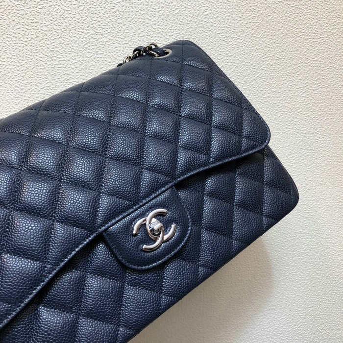 Large Classic Chanel Caviar Leather Handbag Blue Silver A01119