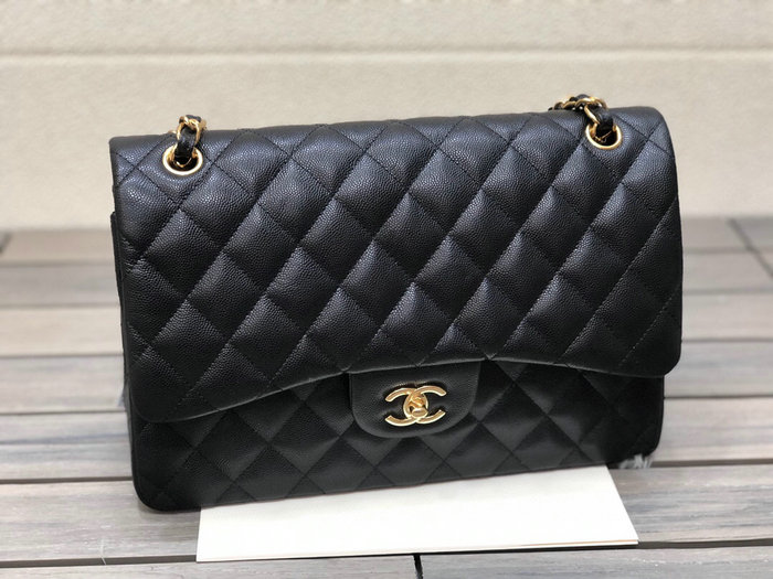 Large Classic Chanel Grained Calfskin Handbag Black Gold A01119