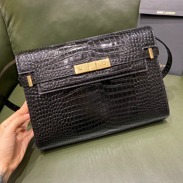 YSL Manhattan Shoulder Bag in Black Crocodile-embossed Gold 579271