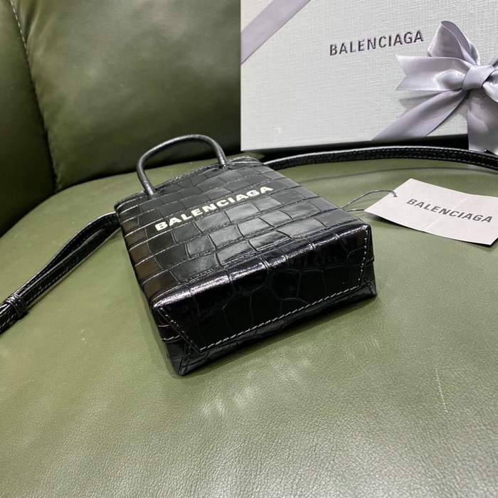 Balenciaga Croc-effect Leather Shopping Phone Holder Black 593826