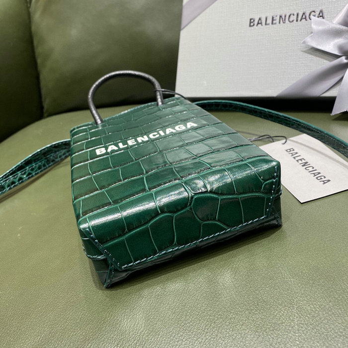 Balenciaga Croc-effect Leather Shopping Phone Holder Green 593826