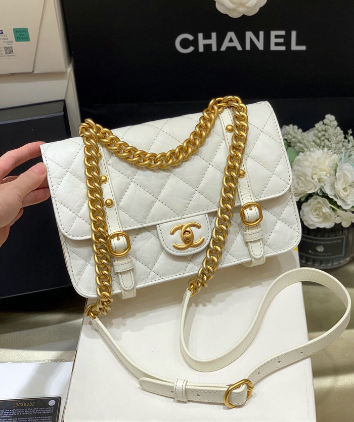 Chanel Aged Calfskin Flap Bag White AS2696