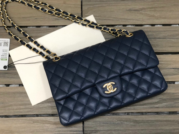 Classic Chanel Grained Calfskin Medium Flap Bag Blue CF1112