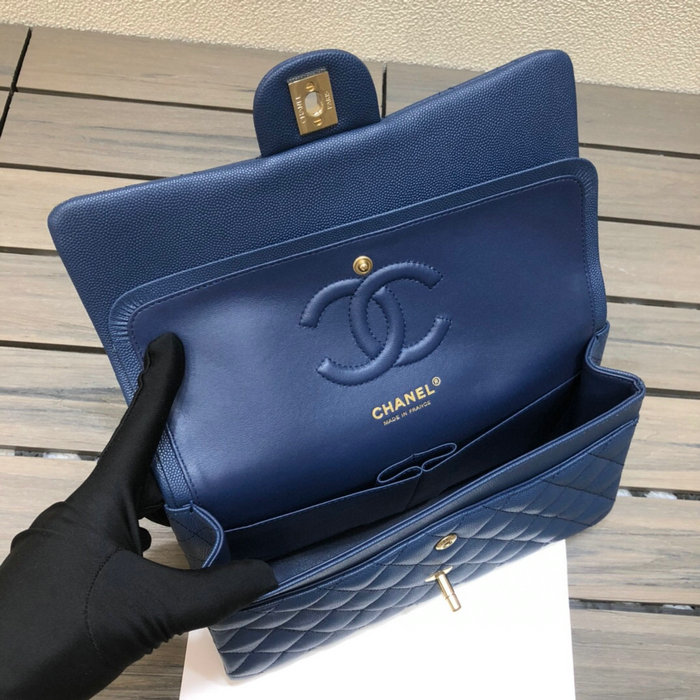 Classic Chanel Grained Calfskin Medium Flap Bag Blue CF1112