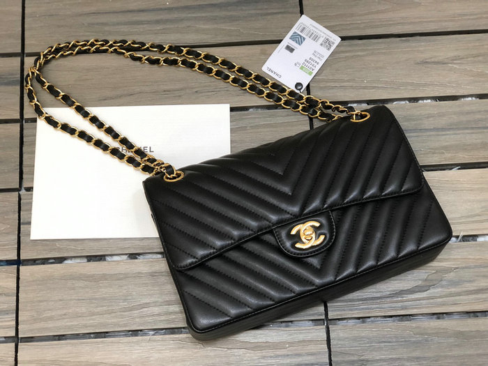 Classic Chanel Chevron Medium Flap Bag Black with Gold CF1112