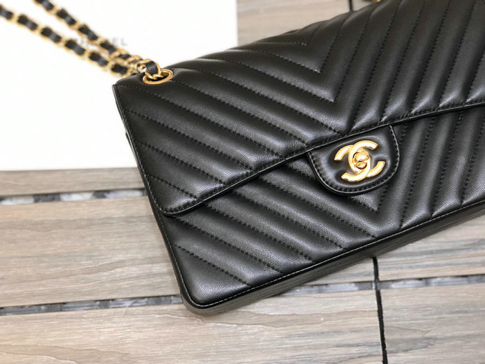 Classic Chanel Chevron Medium Flap Bag Black with Gold CF1112