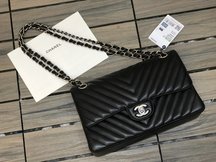 Classic Chanel Chevron Medium Flap Bag Black with Silver CF1112