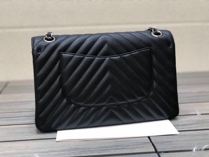 Classic Chanel Chevron Medium Flap Bag Black with Silver CF1112