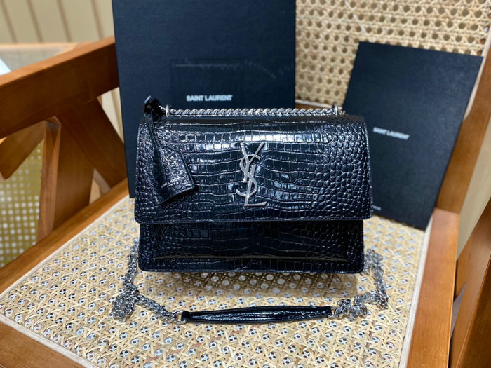 Saint Laurent Medium Embossed Crocodile Sunset Bag Black with Silver 442906