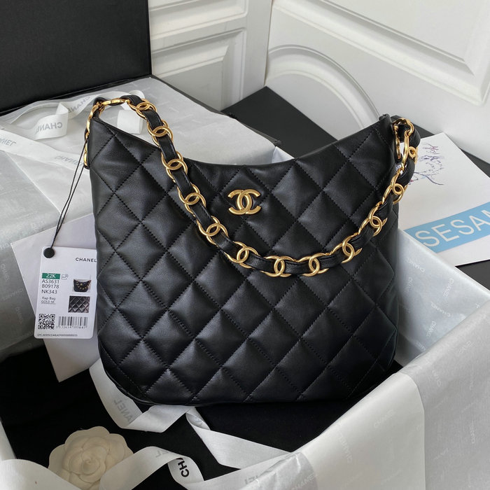 Chanel Lambskin HOBO HANDBAG Black AS3631