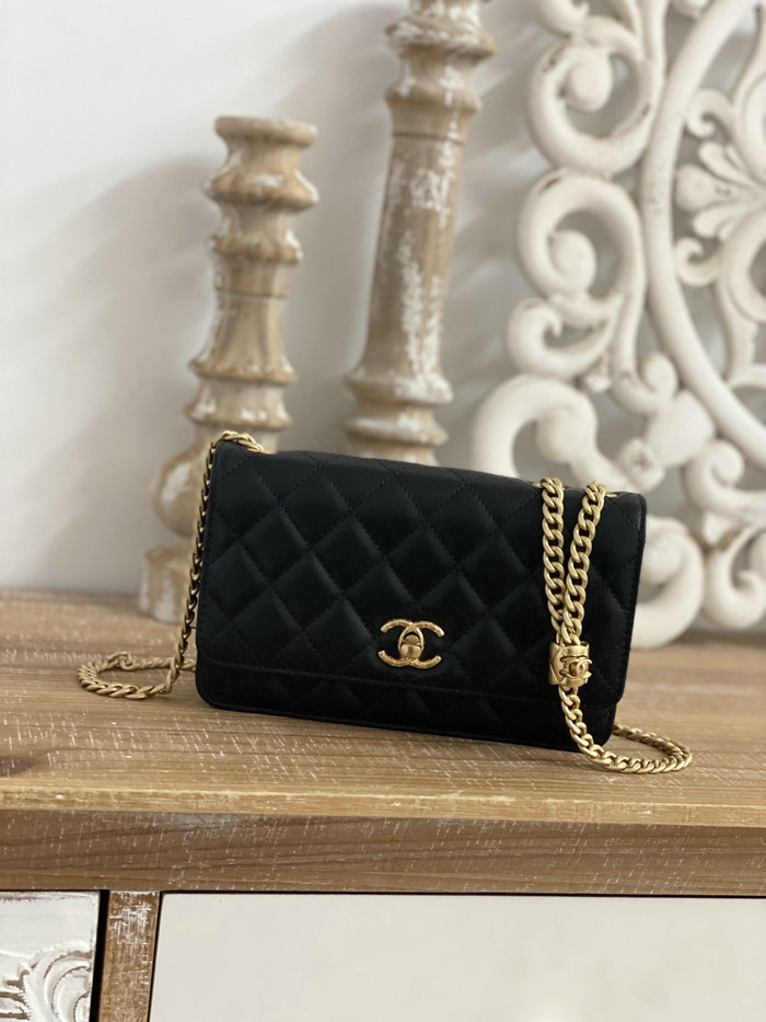 Chanel Lambskin Woc Chain Wallet Black AS81221