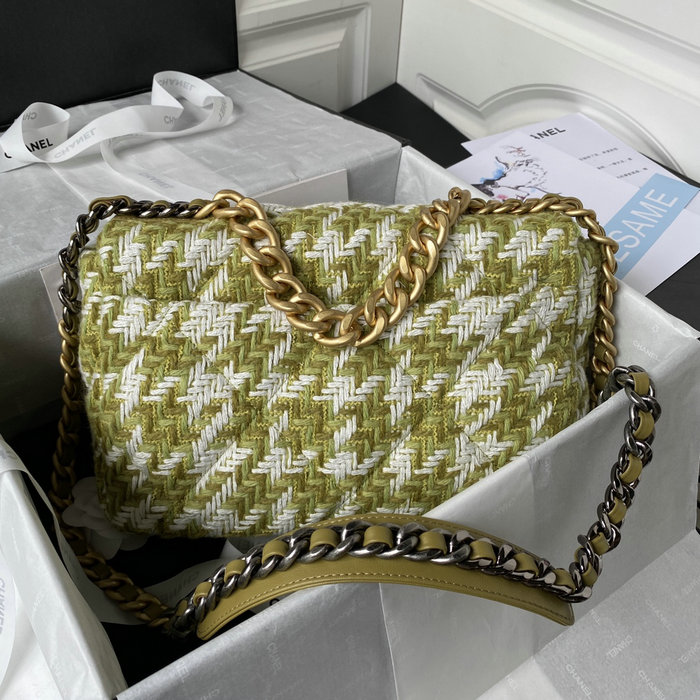 Chanel 19 Tweed Large Flap Handbag Green AS1161