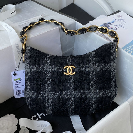 Chanel Cashmere Tweed Hobo Handbag Black AS3562