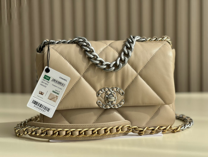 Chanel 19 Lambskin Flap Handbag Beige with Silver AS1160