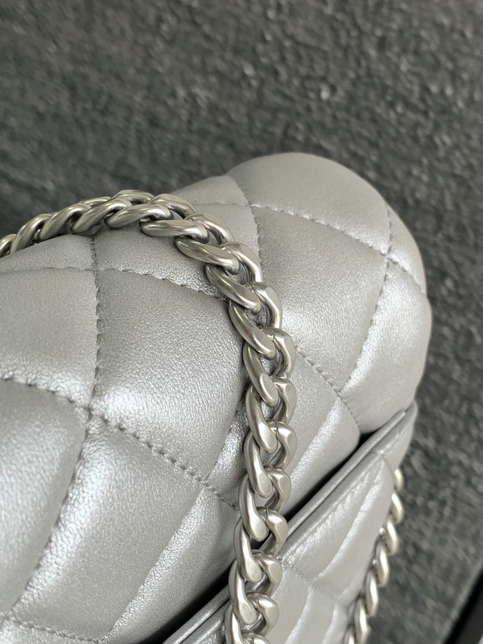 Chanel Lambskin Flap Shoulder Bag Silver AS3855