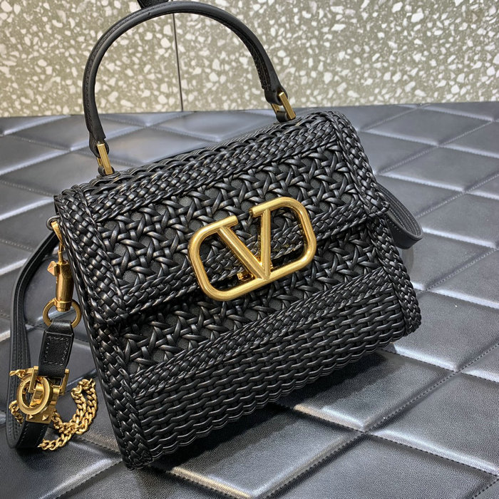 Valentino Small Vsling Handbag In Black Woven Metallic Nappa V0069