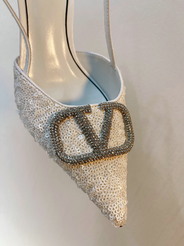 Valentino Sequins Slingback Pumps White SNV073002