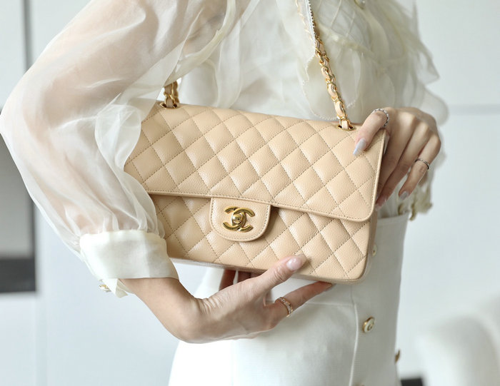 Medium Classic Chanel Caviar Leather Flap Bag Beige with Gold A01112