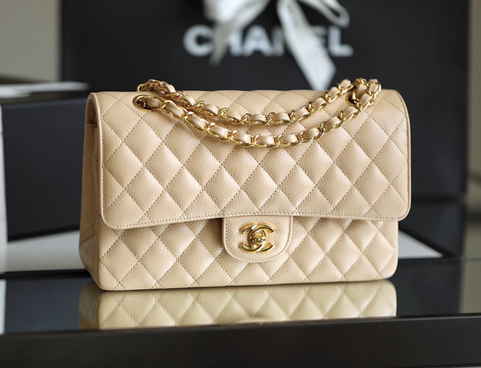 Medium Classic Chanel Caviar Leather Flap Bag Beige with Gold A01112