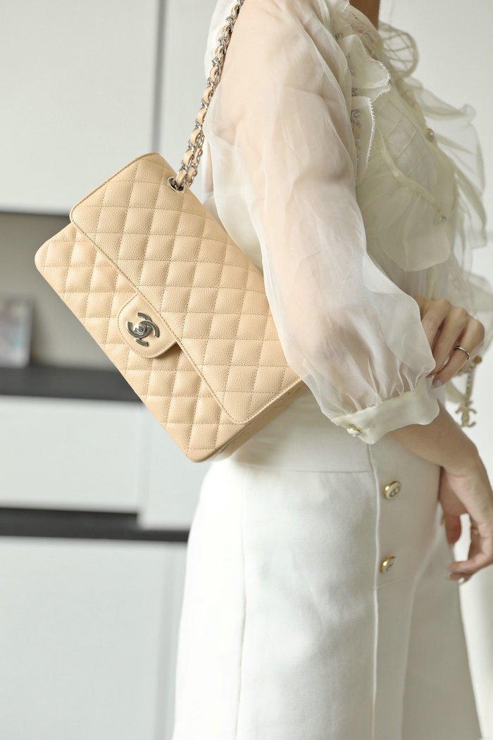 Medium Classic Chanel Caviar Leather Flap Bag Beige with Silver A01112