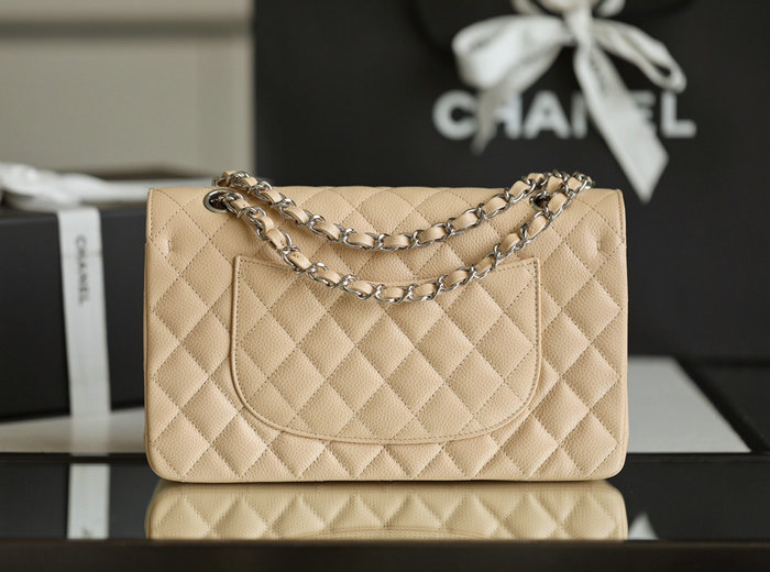 Medium Classic Chanel Caviar Leather Flap Bag Beige with Silver A01112