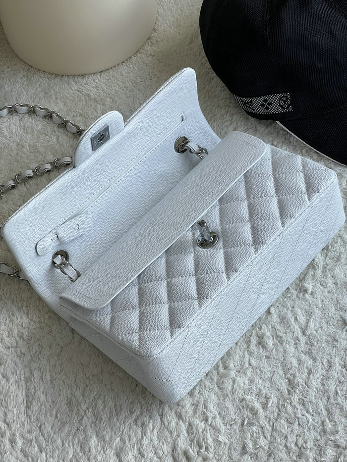 Small Classic Chanel Grain Calfskin Flap Bag White A01117