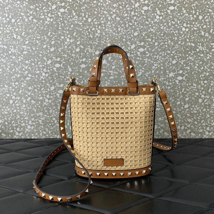 Valentino Mini Rockstud Raffia Shoulder Bag V0314