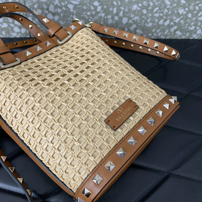 Valentino Mini Rockstud Raffia Shoulder Bag V0314