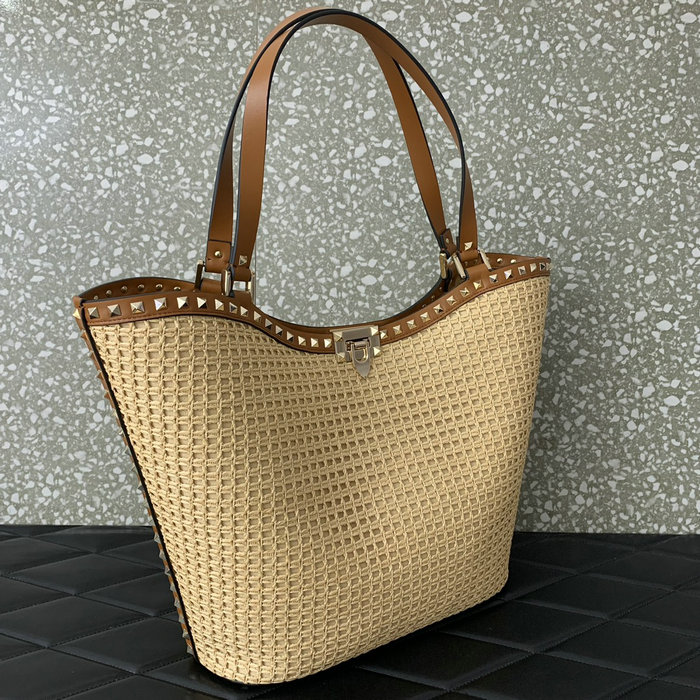 Valentino Rockstud Woven Raffia Shopping Bag V0660