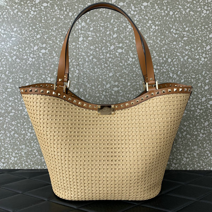 Valentino Rockstud Woven Raffia Shopping Bag V0660